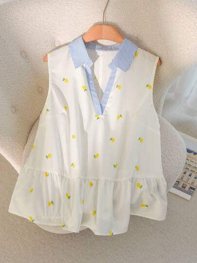 CosyJoli 大码休闲条纹拼布柠檬刺绣不对称V领衬衫