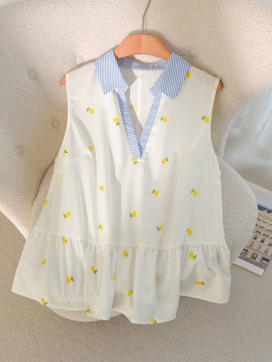 CosyJoli 大码休闲条纹拼布柠檬刺绣不对称V领衬衫