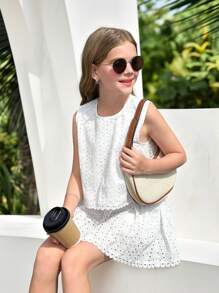 SHEIN 青少年女孩休闲假日编织刺绣纯色圆领不对称下摆上衣和 A 字裙 2 件套 - 白色 - 查看 8