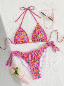 Swim Mod 2pcs/Set New Summer Holiday Sexy Ditsy Floral Ruched Halter Criss-Cross Back Triangle Bikini Swimwear Set - Multicolor - View 3