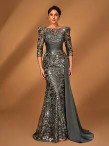 Serin 优雅奢华珍珠刺绣蕾丝和缎面拼接透视长袖美人鱼连衣裙，侧开衩，适合婚礼、派对、度假、庆典、新娘母亲晚礼服 - 深灰色 - 查看 2