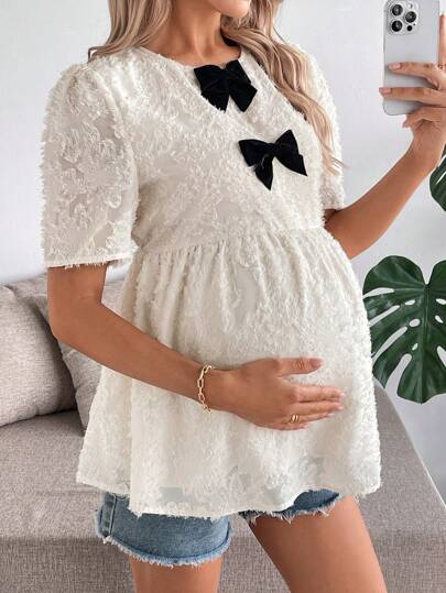 SHEIN Maternity Bow Decor Jacquard Short Sleeve Ruffle Hem Blouse