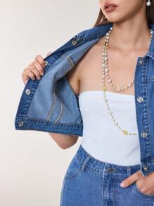 SHEIN BAE 夏季新款时尚百搭牛仔夹克，带假口袋和水钻纽扣设计，优雅女式外套 - 藍色 - 查看 9