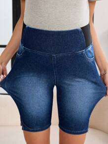SHEIN Maternity Comfy Washed Denim Shorts With Pockets And Side Slits - Dark Wash - View 5