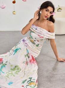 Modelyn 女式长款露肩浪漫花卉印花褶饰网眼优雅迷人度假连衣裙，春夏 - 彩色 - 查看 4
