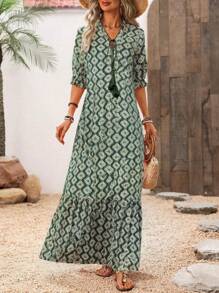 SHEIN LUNE 女士休闲宽松连衣裙 - 綠色 - 查看 4