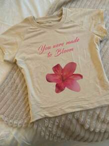 INAWLY 女士字母与花卉印花插肩袖修身 T 恤 - 杏色 - 查看 1