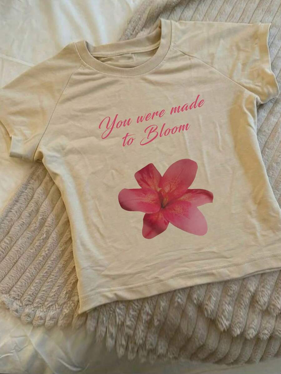 INAWLY 女士字母与花卉印花插肩袖修身 T 恤 - 杏色 - 查看 1