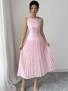 Elenzga Women's Bow-Knot Splicing Chiffon Pleated A-Line Dress - Pink - View 3