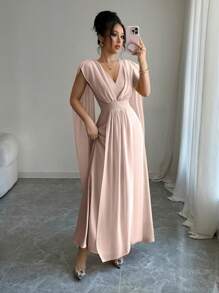 Elenzga Women's Solid Color Splice Ribbon Elegant V-Neck Cinched Waist Long Dress - Baby Pink - View 6