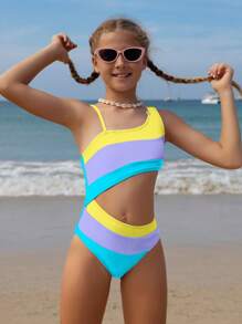 SHEIN Traje de baño de niña preadolescente con diseño de bloqueo de color, escote asimétrico y abertura en la cintura, conjunto de playa morado - Multicolor - Ver 4