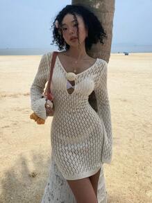 DAZY 女士碎花露背镂空喇叭袖毛衣连衣裙 Y2k，沙滩度假装 - 杏色 - 查看 7