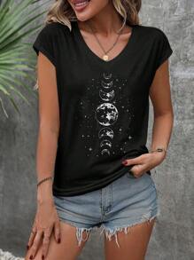 SHEIN LUNE 休闲新月印花V领修身女式T恤，适合夏季外出穿着，休闲百搭。 - 黑色 - 查看 5
