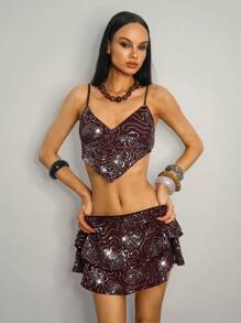 SHEIN ICON 性感新款优雅亮片不对称三角围巾、细肩带上衣和裙子套装，适合外出 - 咖啡棕 - 查看 4