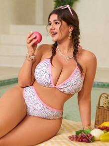 Swim Mod Plus Size Women's Sexy Printed High Waist Halter Neck 2 Pieces Bikini Set Set For Beach & Pool