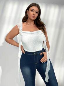 Firerie 大码女式夏季优雅荷叶边系带 Frency Vcay 褶皱白色花卉透明紧身衣，适合派对、度假、音乐节 - 白色 - 查看 4