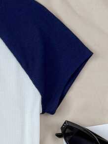 SHEIN Tween Girls' Casual Simple Comfy Patchwork Contrast Star Print Round Neck T-Shirt