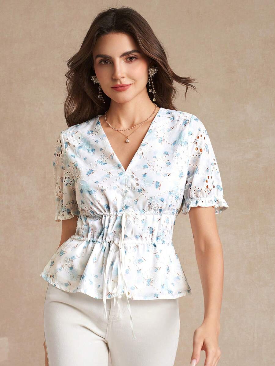Amorya V-Neck Three-Dimensional Embroidered Printed Waist Cinching Strap With Bowknot Women's Blouse - Multicolor - View 1