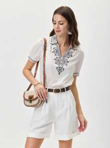 EMERY ROSE Plus Size Boho Vcay Holiday Casual Women's Positioning Print Puff Sleeve Fitted Shirt Suitable For Spring And Summer Seasons Western Women Wear Western Women Wear