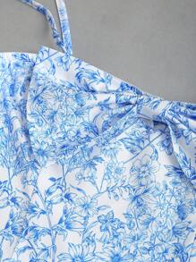 SHEIN Unity Vintage French Style Polka Dot Red Backless Waist-Cinched Bowknot Printed Dress For Women - Blue - View 4