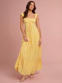 Enchnt Vestido largo de mujer romántico, sin mangas, de cuello cuadrado con tirantes cruzados, de color amarillo sol, para primavera/verano, dulce y elegante para vacaciones, citas, días festivos, fiestas, graduaciones, invitadas de boda, playa, bailes de graduación, vestidos de verano para mujeres, ropa de verano, vestidos elegantes de mujer, vestidos elegantes para fiestas