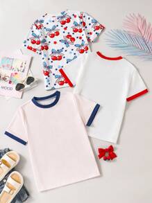 3pcs Tween Girls' Summer Bow Print Round Neck Short Sleeve Casual T-Shirt - Multicolor - View 2