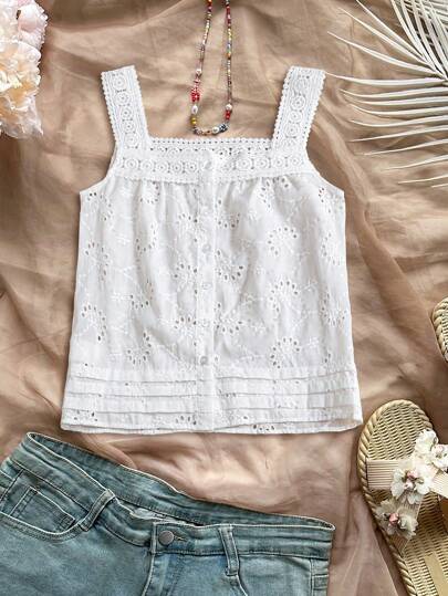 Rusticease 女士夏季度假纯色镂空刺绣蕾丝拼接无袖上衣