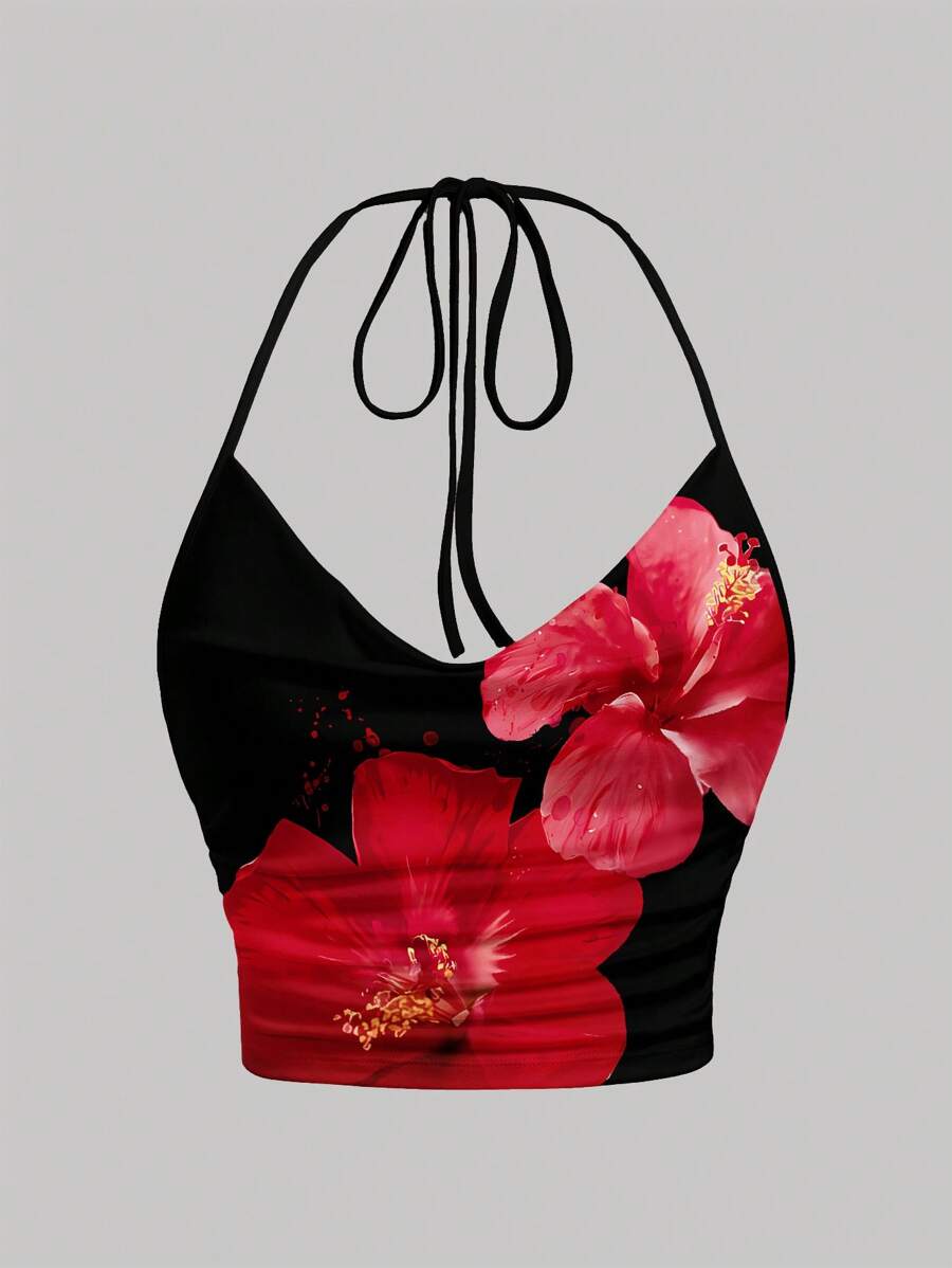 SHEIN EZwear 休闲简约系带露背紧身百搭短款上衣，适合夏季，花卉印花，适合度假、音乐节、春假、椰子女孩、女孩之旅、音乐节，适合外出