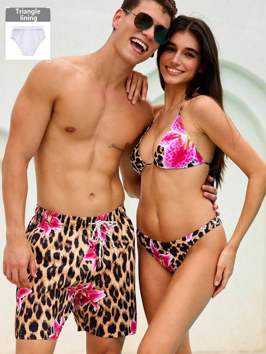 Manfinity Swimmode Men's Leopard And Floral Print Drawstring Waist Beach Shorts, Suitable For Summer - Multicolor - View 1