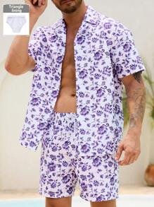 Manfinity Swimmode Men Floral Print Short Sleeve Top And Drawstring Waist Shorts Beach Suit - Multicolor - View 1