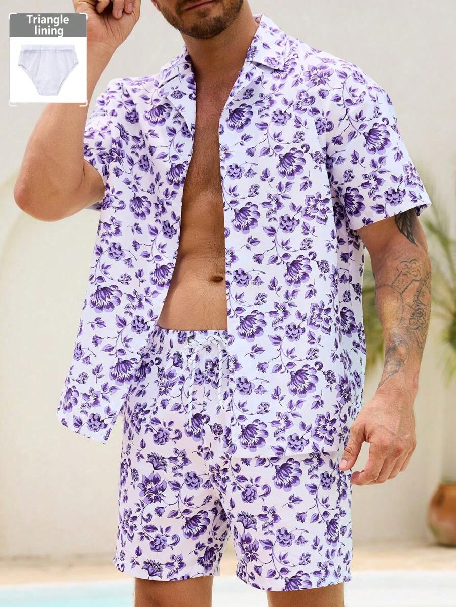 Manfinity Swimmode Men Floral Print Short Sleeve Top And Drawstring Waist Shorts Beach Suit - Multicolor - View 1