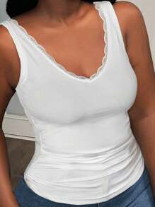 Slaydiva 2025 Spring And Summer New Casual Versatile Basic Racer Back Sleeveless Deep V Neck Splicing Lace Ribbed Knitted Women's Tank Top, White, Suitable For Western , Boho, Beach, Wedding Guests, Easter, Rave - White - View 6