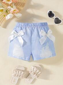 Pantalones cortos con lazo de impresión digital imitación de mezclilla para niñas pequeñas. Los nuevos productos para primavera, otoño y verano ya están en el mercado. Son cómodos, elegantes, lindos y sencillos, y son imprescindibles para el uso diario