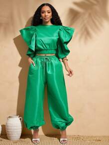 Vixey 抽绳腰部纯色塔夫绸慢跑裤，夏季，度假女士，波西米亚风，女士夏季，女士裤子