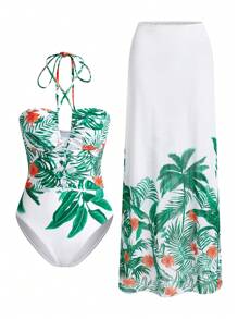 Swim Oasis Baju Renang One Piece Motif Tanaman Tropis untuk Wanita - Pakaian Liburan Musim Panas Mewah - MultiWarna - View 1