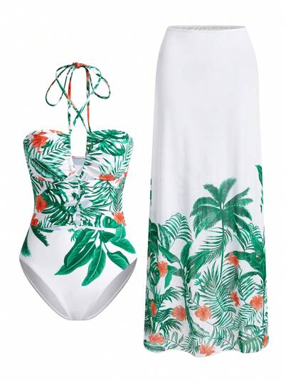 Swim Oasis Baju Renang One Piece Motif Tanaman Tropis untuk Wanita - Pakaian Liburan Musim Panas Mewah