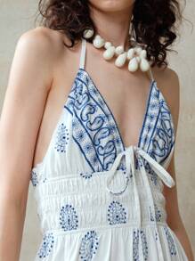 SHEIN LUNE 女士欧美风刺绣收腰V领无袖连衣裙，度假风，春夏款，纯棉