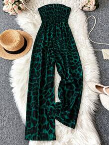 SHEIN LUNE Women's Leopard Print Wide Leg Halter Jumpsuit, Suitable For Vacation - Green - View 2