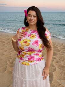 SHEIN MOD Plus Size Women's Ruched Asymmetrical Shoulder Floral Print T-Shirt, Vacation/Summer - Multicolor - View 2