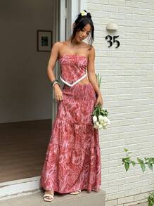 Sunnyshic 女式休闲度假波西米亚风佩斯利印花低腰长裙，夏季 - 紅色 - 查看 7