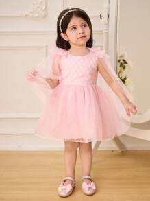 SHEIN Glamorique Kids Baby Girl Spring/Summer Style Layered Tulle Backless Dress With Ribbon Bow Decor Formal Dresses For Baby Girls Partywear