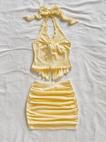 Soleia Cream Casual Vacation Western Beach Wedding Guest Attire Graduation Brunch Women's Clothing St. Patrick's Day Spring Break Easter Music Festival Elegant Bohemian Tropical Chic New Knit Texture Resort Metal Decor Spaghetti Strap Crop Top & Low Waist Mini Skirt 2-Piece Set - Blue - View 2