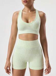 SHEIN Sports Conjunto de ropa deportiva de top de tirantes y shorts de unicolor simple para mujer - verde menta - Ver 4