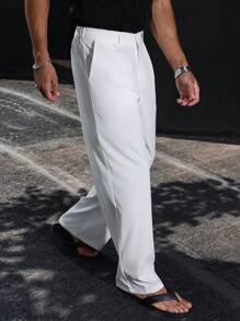 Manfinity Homme Men's White Pants, Textured Soft Single Pleat, Summer Thin Straight Leg Loose White Casual Trousers Wide Leg Pants Men Clothing Men Pants Men Wide Leg Pants Men Pants Wide Leg Men's Wide Leg Trouser, Fall - White - View 7