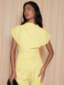 COSMINA Women's Summer Solid Color Pleated Bat-Wing Short Sleeve Fashionable Top - Yellow - View 3