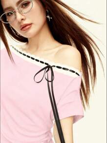 Rina Fox 女士系带设计不对称领口短袖时尚T恤，夏季