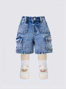 SHEIN Playful Pals 男童休闲多口袋水洗牛仔工装短裤 - 中等水洗藍 - 查看 3