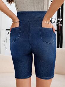 SHEIN Maternity Comfy Washed Denim Shorts With Pockets And Side Slits - Dark Wash - View 3