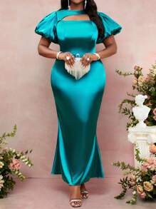 SHEIN Lady Plus Size Women Solid Color Hollow Out Short Puff Sleeve Bodycon Fishtail Elegant Dress Cruise Outfits Women - Teal Blue - View 3