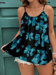 SHEIN Clasi توب كاجوال أنيق مطبوع بالزهور مقاس كبير للسيدات، مناسب للصيف والعطلات الشاطئية - متعدد الألوان - مشاهدة 1